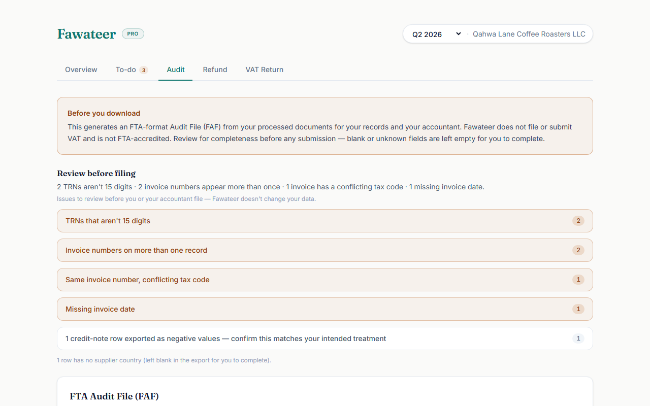 FTA-format audit file (FAF) — sample screenshot